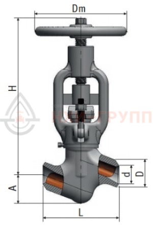Запорный клапан (вентиль) под приварку ручной 1с-13-5 DN 50 PN 13,7 МПа Т560 °С, корпус ст. 12Х1МФ