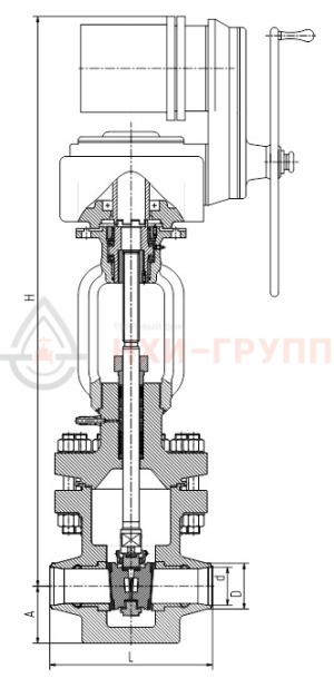 Запорная задвижка под приварку с электроприводом 1059-300-Эа-01 DN 300 PN 18 МПа Т350 °С, корпус ст. 08Х18Н10Т