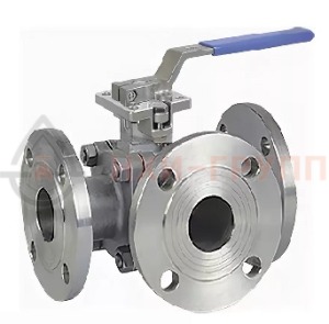 Шаровой кран разборный трехходовой неполнопроходной фланцевый ручной КШ-Р.ТХ.НП.Ф.Р.НХИ.065/050.016.04.УХЛ1 DN 65/50 PN 1,6 МПа, корпус ст. 10Х17Н13М2Т, класс герметичности «А» по ГОСТ 9544-2015