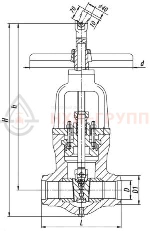 Запорная задвижка под приварку ручная 1016-250-М DN 250 PN 10 МПа Т450 °С, корпус ст. 15ГС