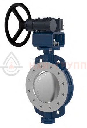 Дисковый затвор поворотный с двойным эксцентриситетом межфланцевый с гладкими проушинами двусторонний с редуктором ЗДП-ДЭМФ.МФГП.ДС.РД.НХИ.400.016.08.03.04.УХЛ1 DN 400 PN 1,6 МПа