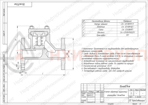 Клапан обратный пружинный фланцевый 16нж81нж DN 25 PN 1,6 МПа УХЛ1, корпус ст. 12Х18Н9ТЛ