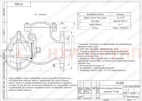 Клапан обратный поворотный фланцевый 19ч16бр DN 50 PN 1,6 МПа У3, корпус чугун