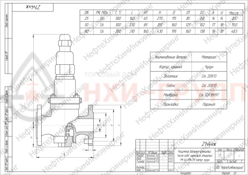 Регулятор давления фланцевый "после себя" нормально открытый 21ч4нж DN 25 PN 1,6 МПа У3, корпус чугун