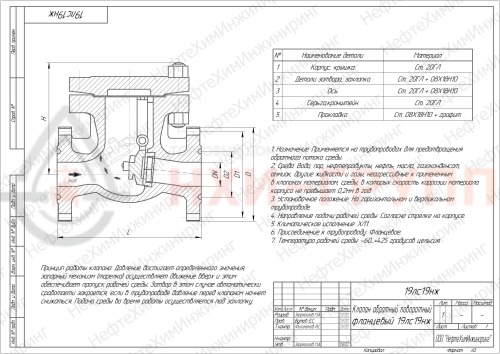 Клапан обратный поворотный фланцевый 19лс19нж DN 100 PN 16,0 МПа ХЛ1, корпус ст. 20ГЛ